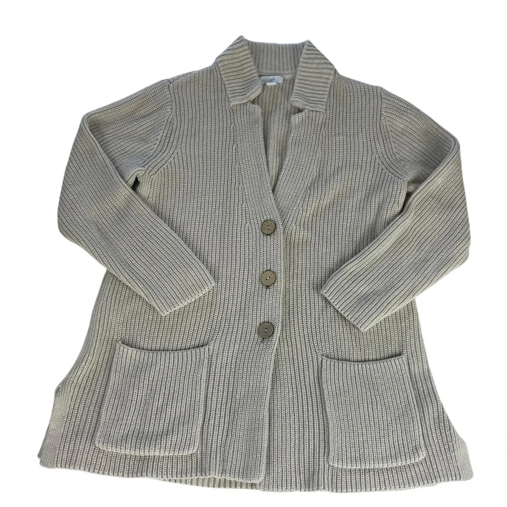 J.Jill Button‎ Front Knit Cardigan Sweater Pockets Collar Beige Cotton Blend S